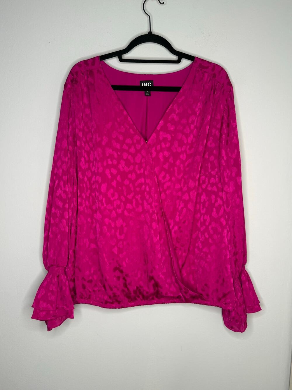 I.N.C. Pink Leopard Faux Wrap Long Bell Sleeve Elastic Waist Blouse Size 3X